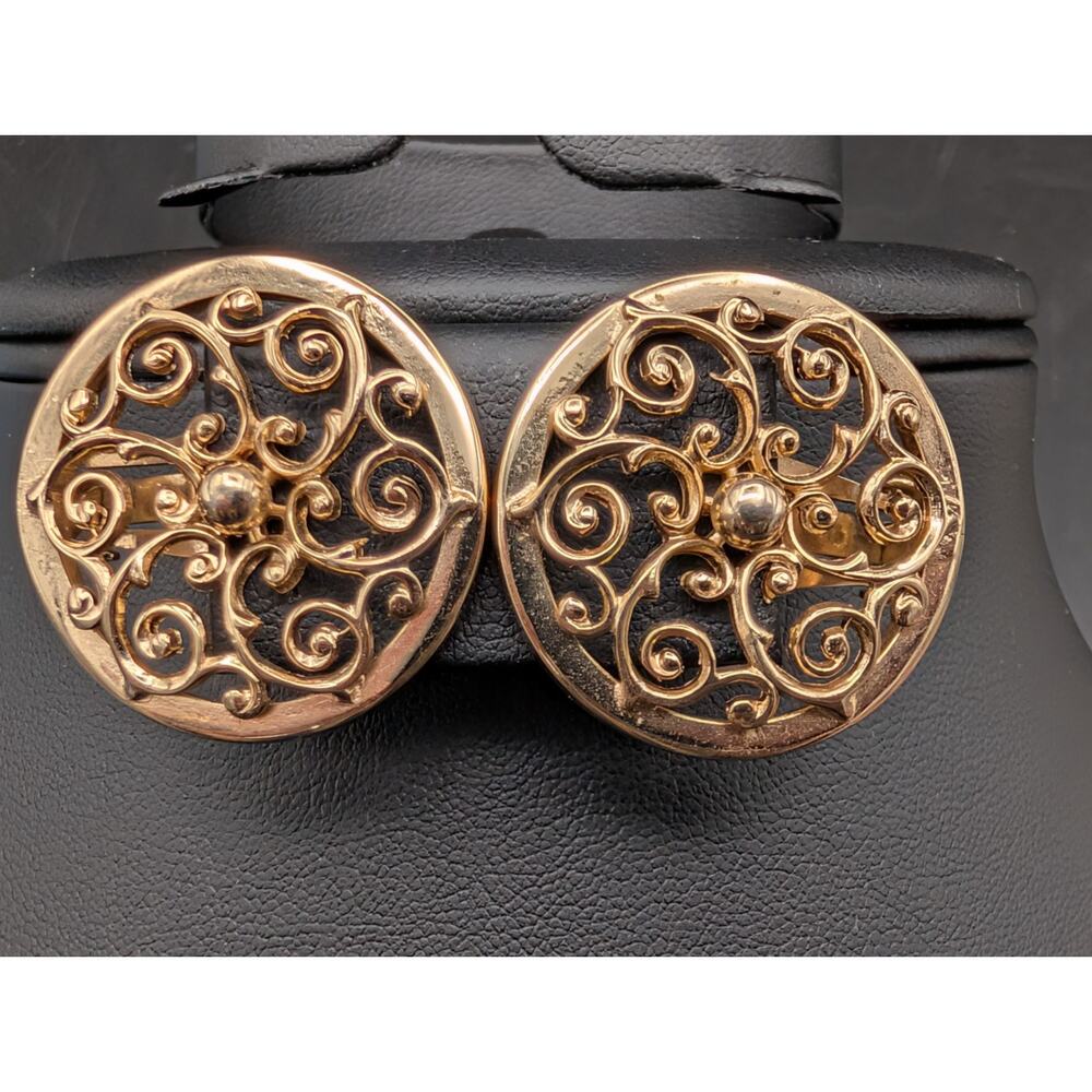 Vintage Bergere Gold Tone Filigree Clip On Earrings Mid Century Scrollwork